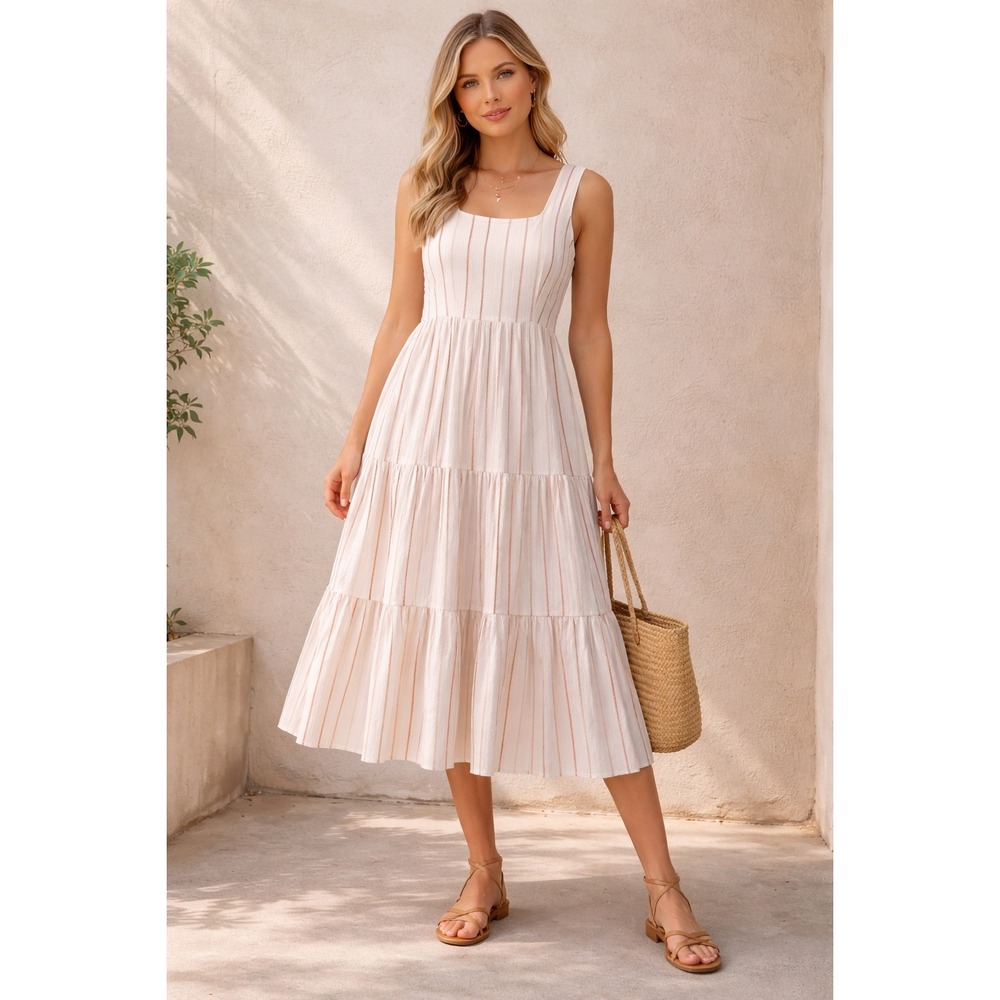 Melonie T Striped Tiered Midi Dress Square Neck Sleeveless White Coral Brown‎